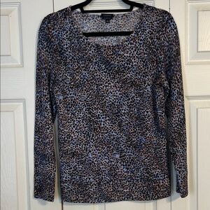 TALBOTS Size Small Leopard Print Crewneck Sweater Blue Black Brown Luxurious